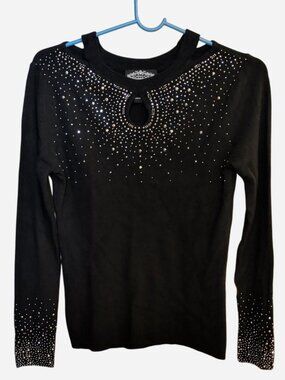 OLIVER.O by Anthropologie Black Rhinestone Jeweled Keyhole Rib Knit Sweater L
